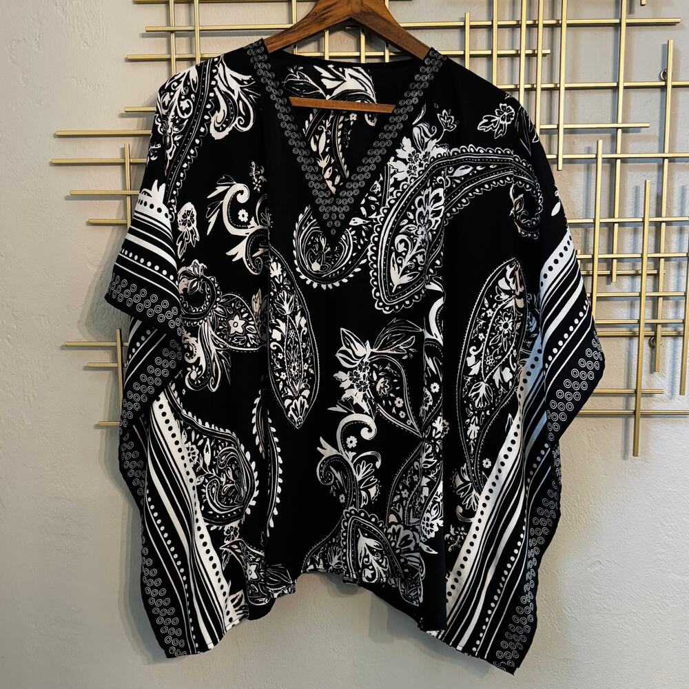Black White Paisley Kimono Swim Cover Up Beach Resort One Size